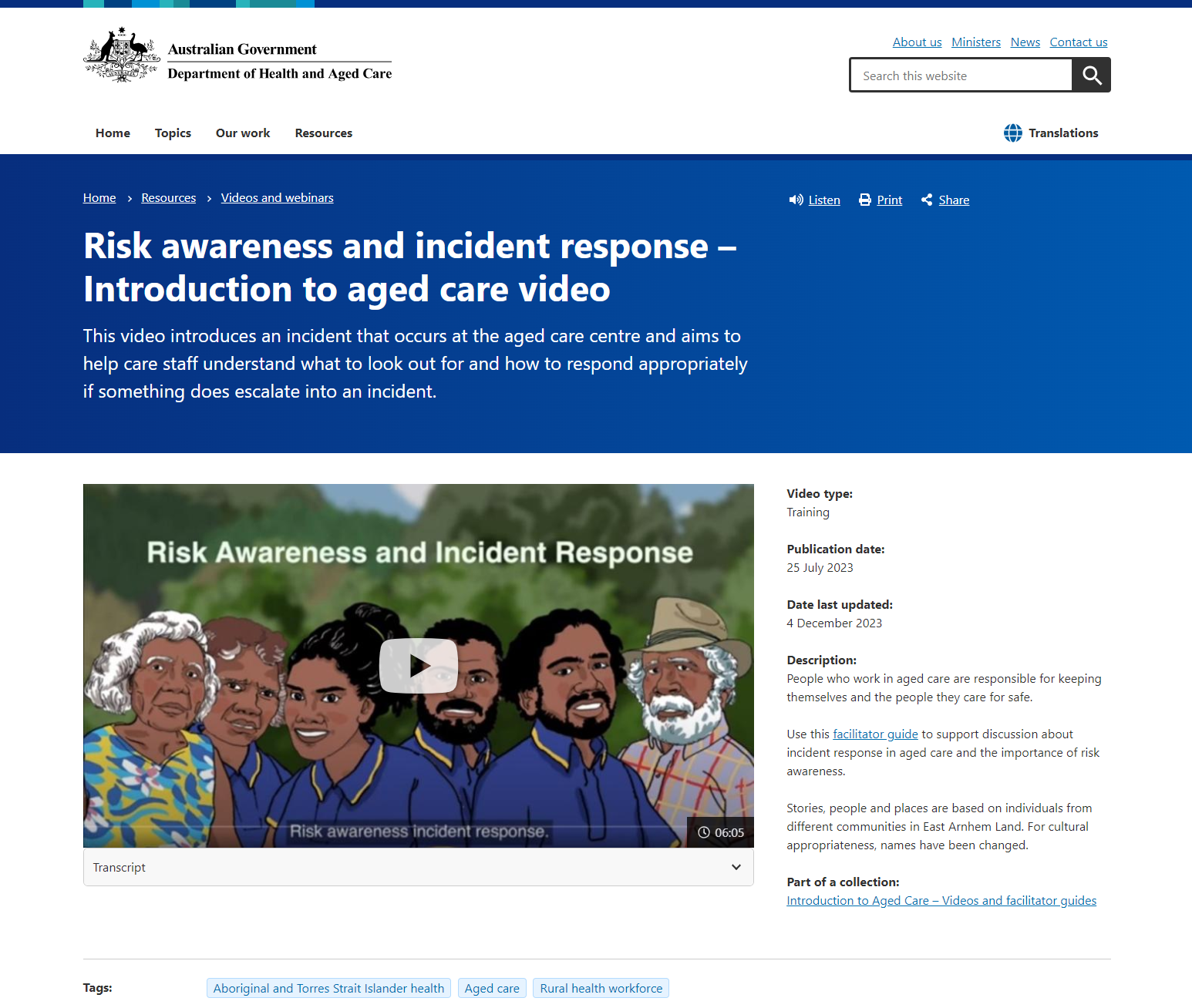 Risk awareness and incident response – Introduction to aged care video