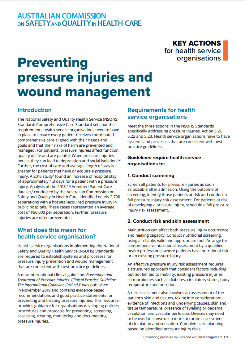 NSQHS Standards - Preventing pressure injuries and wound management 