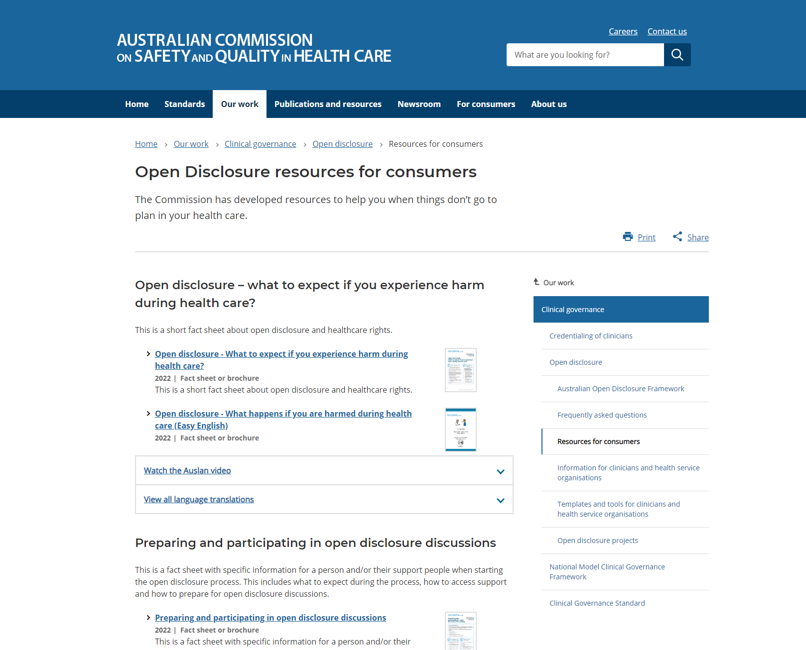 Open Disclosure resources for consumers