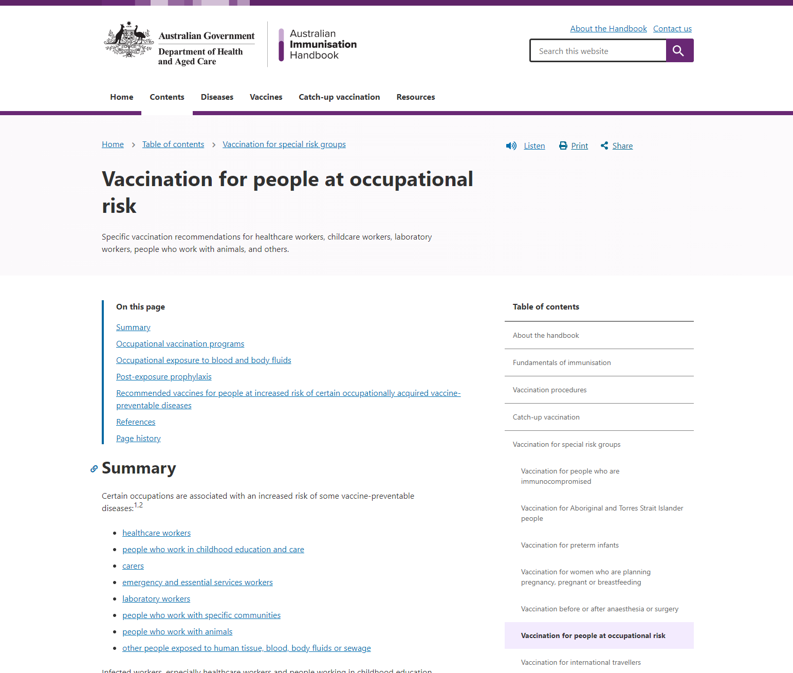 Vaccination for people at occupational risk