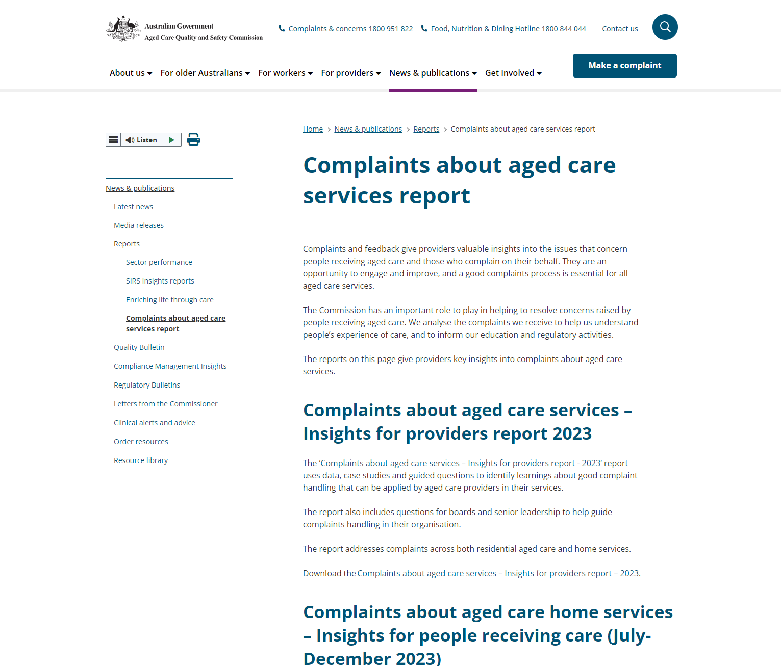 Complaints about aged care services report