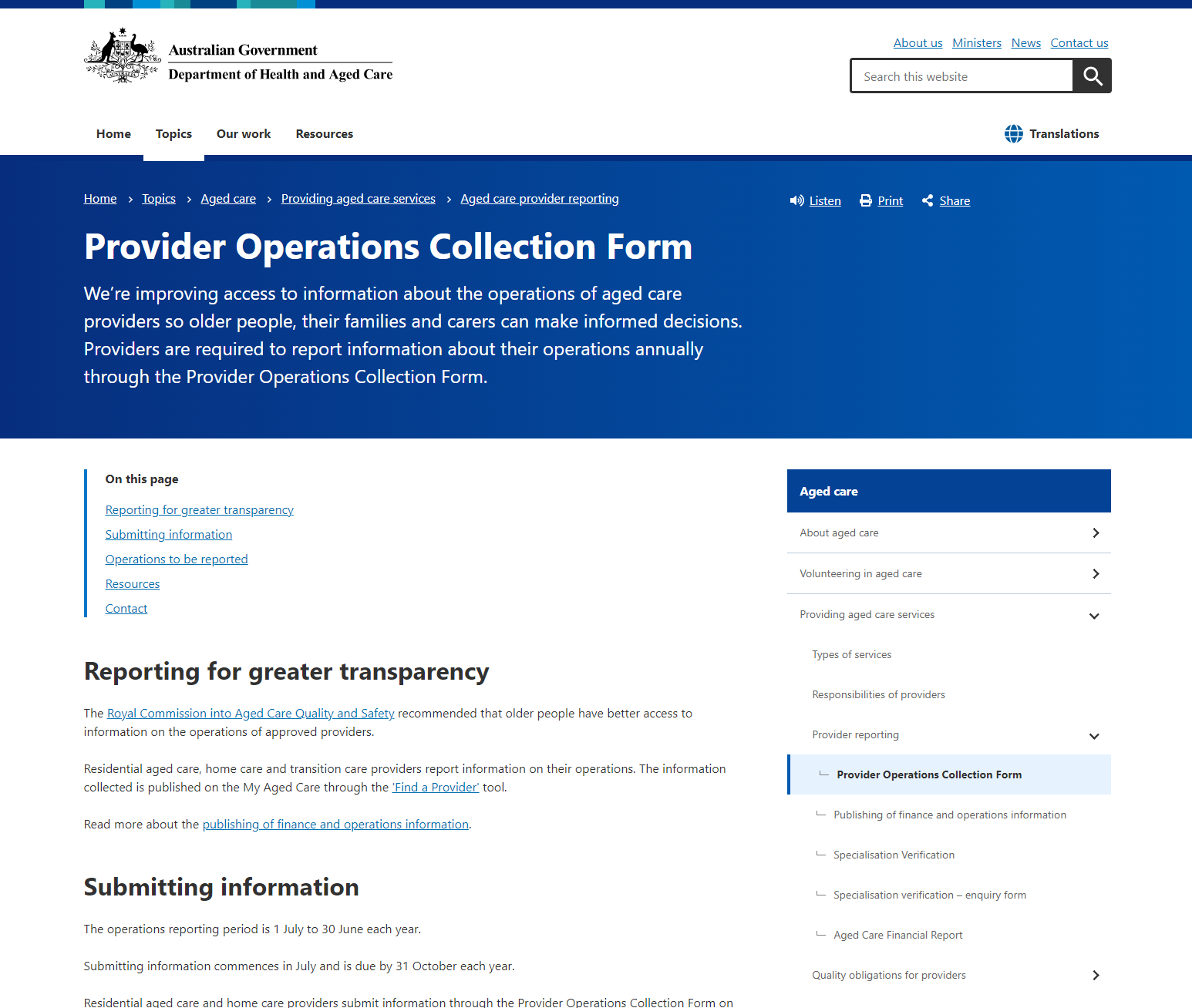 Provider Operations Collection Form