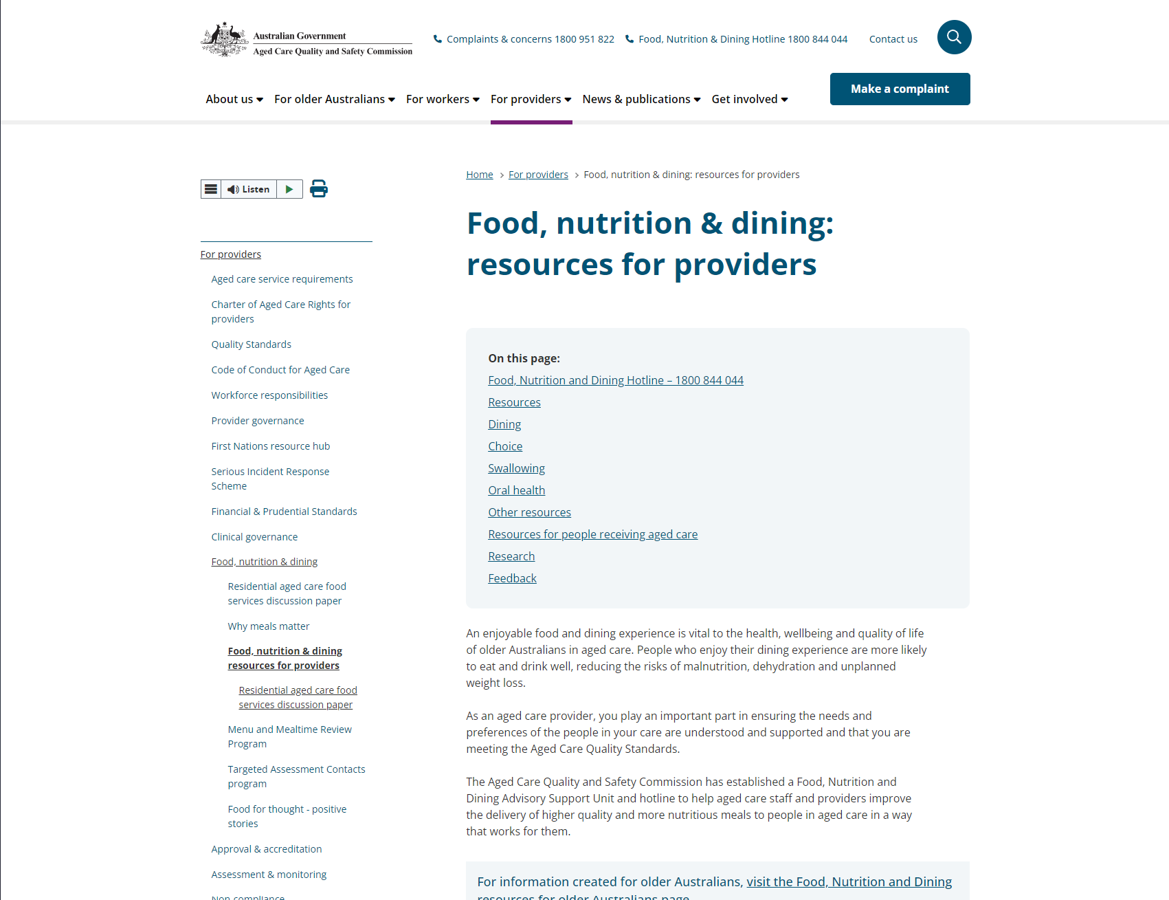 Food, nutrition & dining: resources for providers