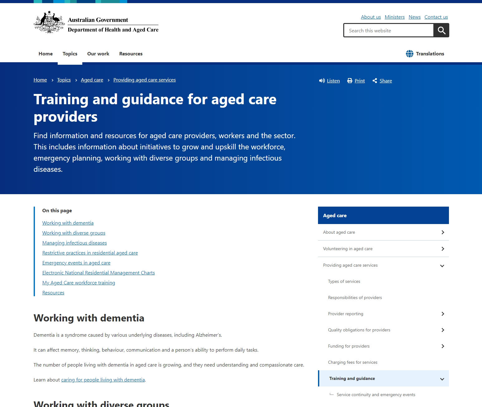 Training and guidance for aged care providers