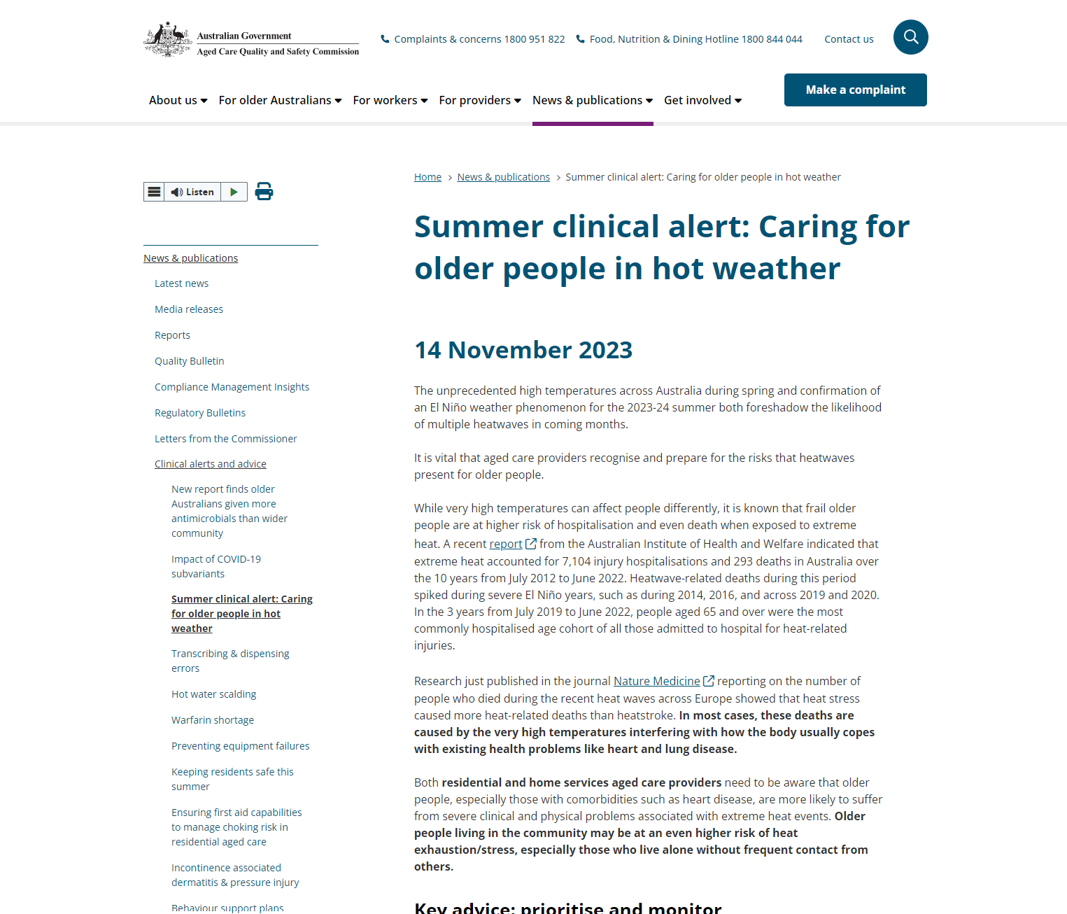 Summer clinical alert: Caring for older people in hot weather