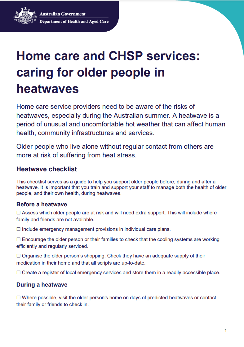 Caring for older people in heatwaves – Home Care and CHSP