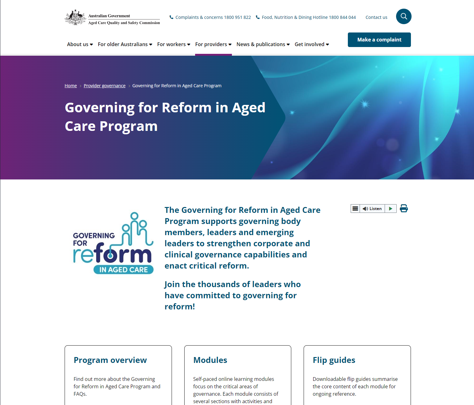 Governing for Reform in Aged Care Program