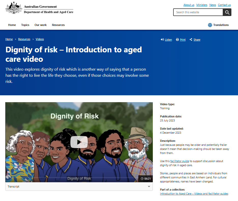 Dignity of risk – Introduction to aged care video