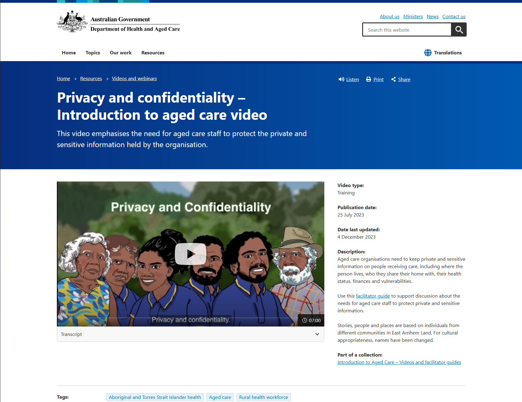 Privacy and confidentiality – Introduction to aged care video