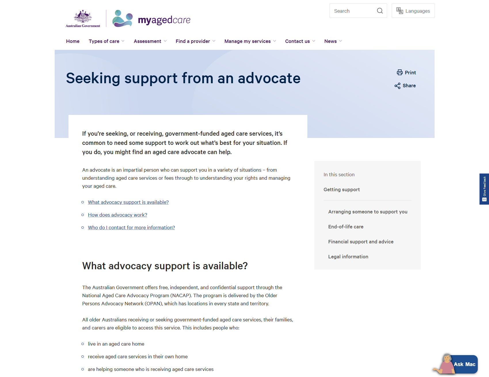 Seeking support from an advocate