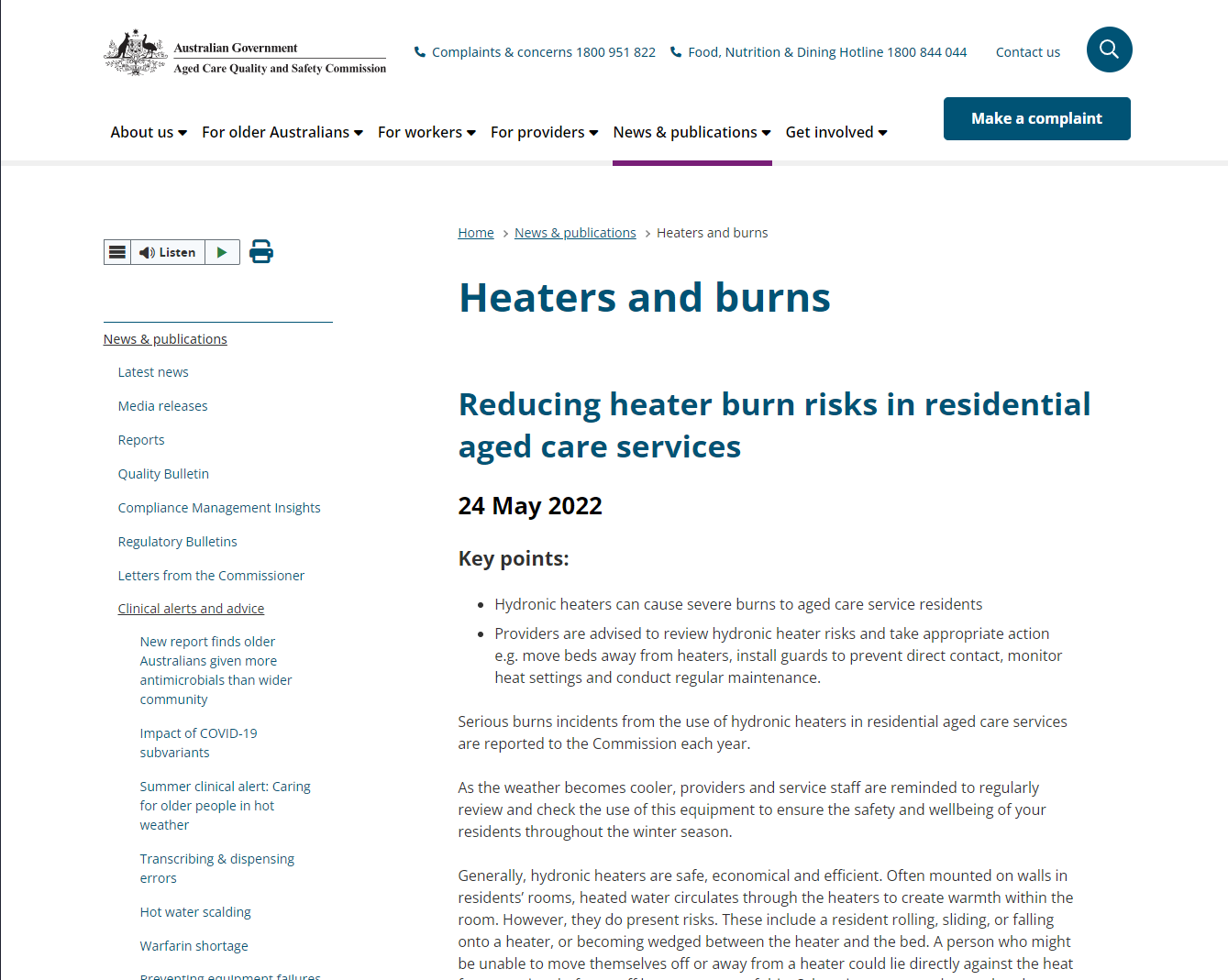 Heaters and burns - Reducing heater burn risks in residential aged care services