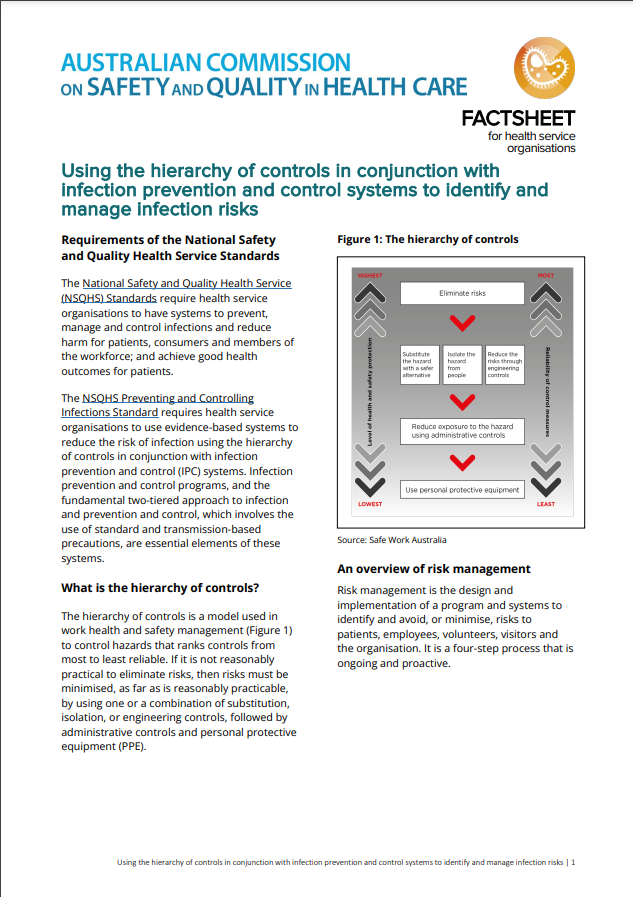 Use of the hierarchy of controls in infection prevention and control - Factsheet