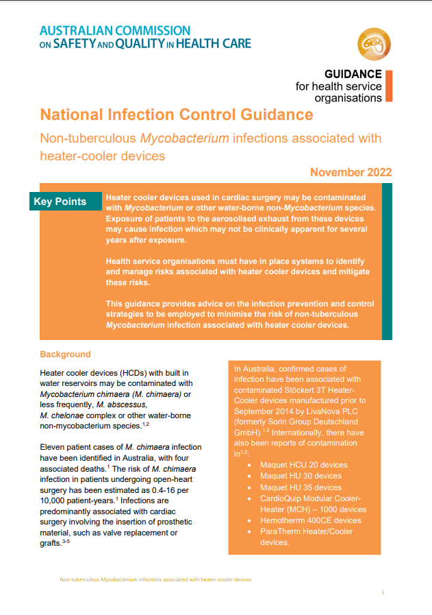 National Infection Control Guidance Non-tuberculous Mycobacterium infections associated with heater-cooler devices