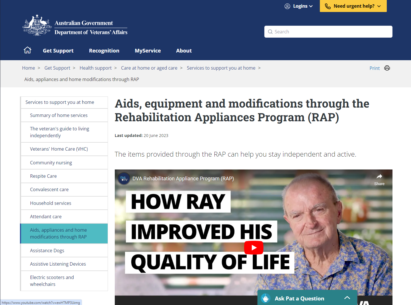 Aids, equipment and modifications through the Rehabilitation Appliances Program (RAP)