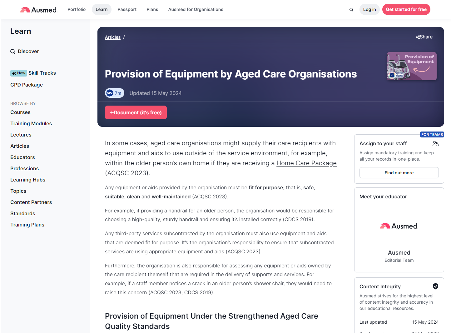 Provision of Equipment by Aged Care Organisations