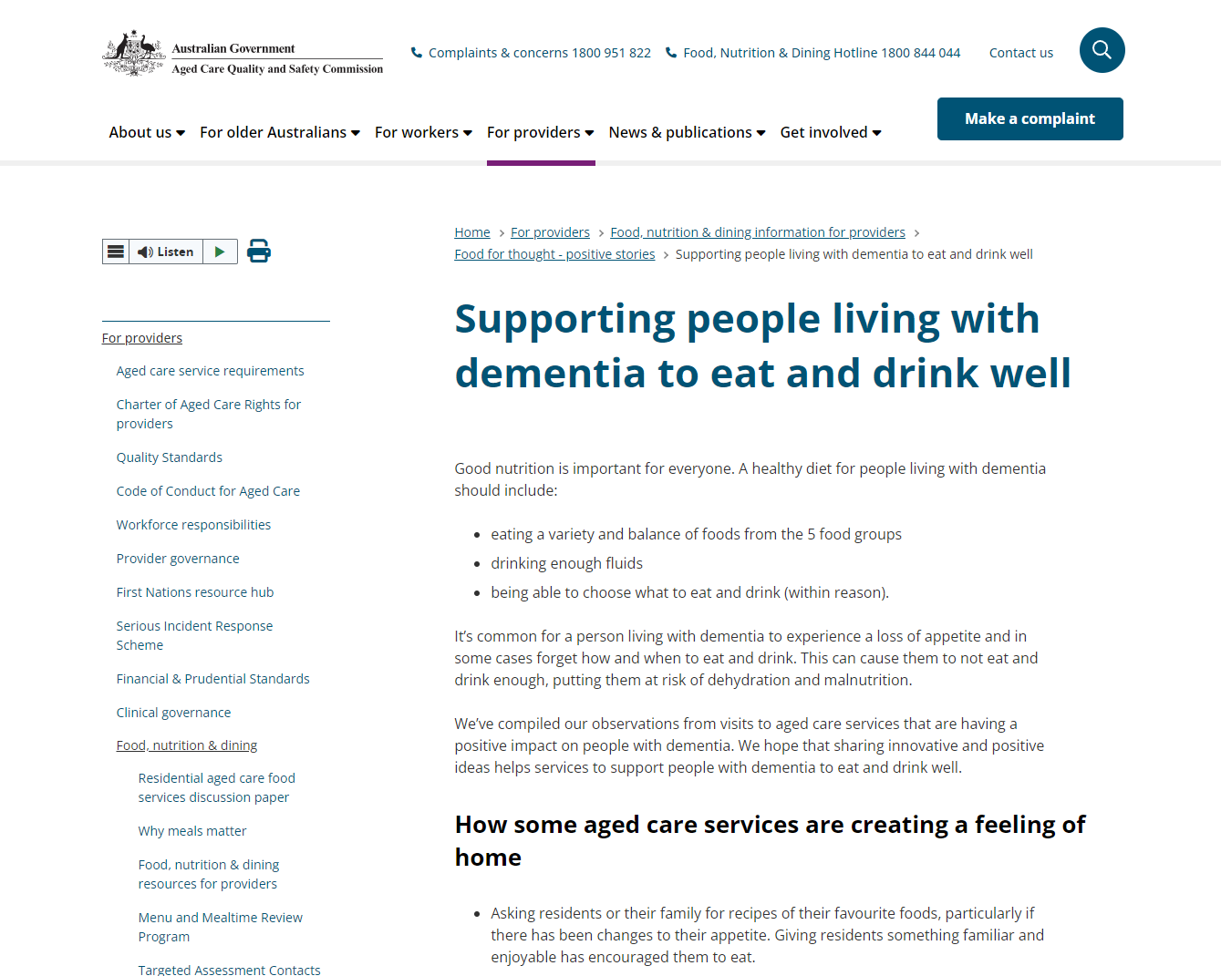 Supporting people living with dementia to eat and drink well