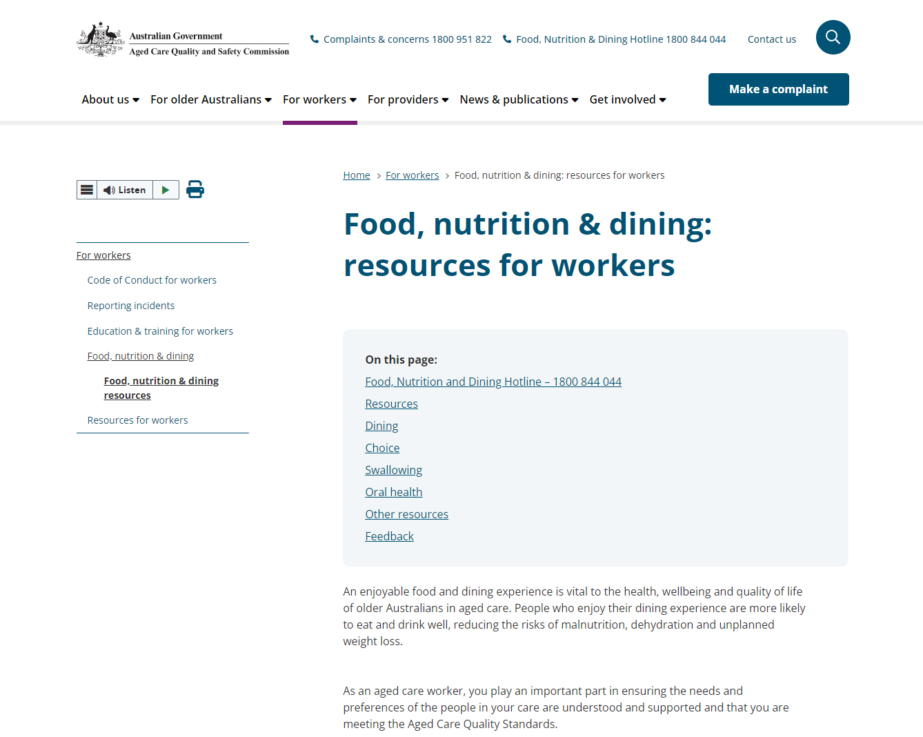 Food, nutrition & dining: resources for workers