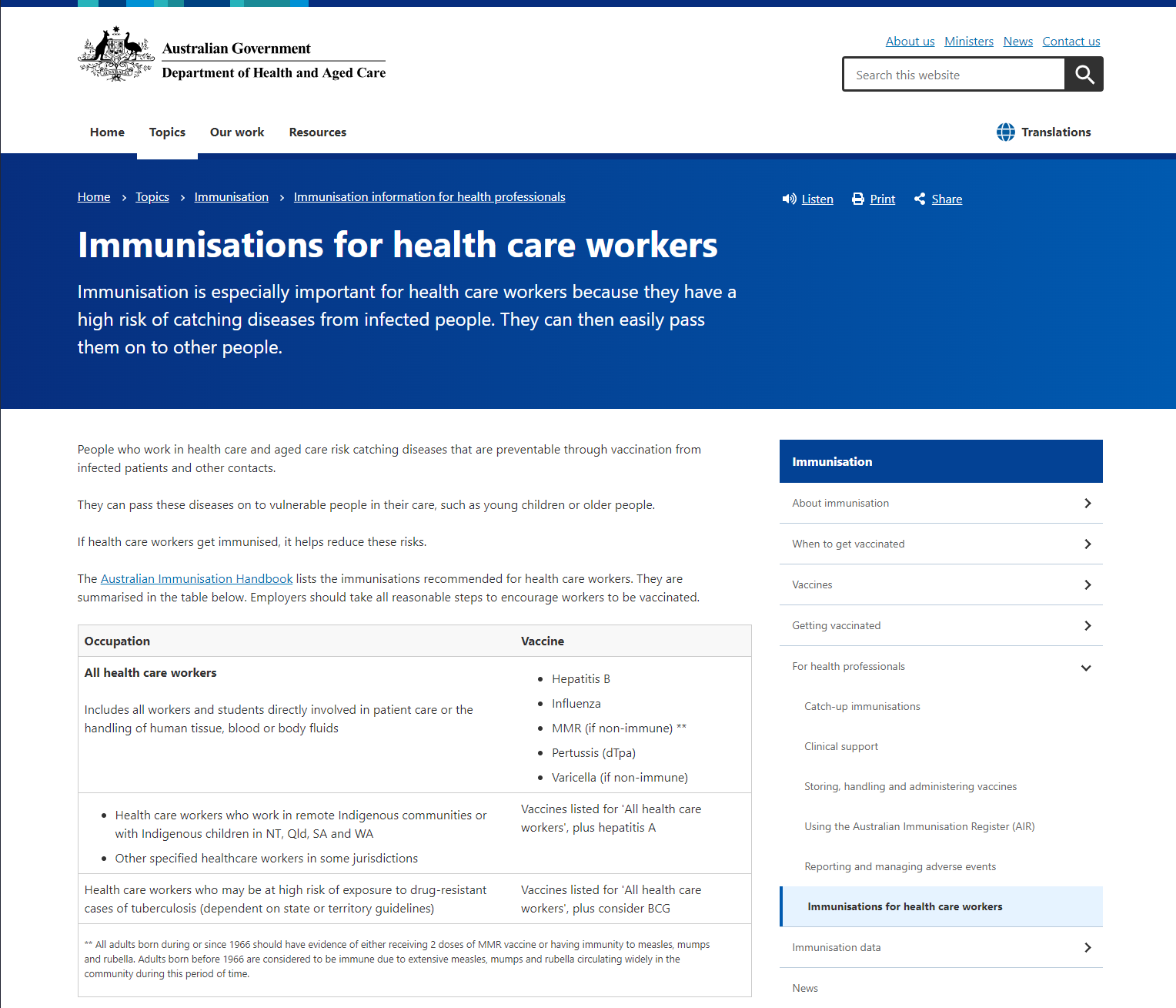Immunisations for health care workers