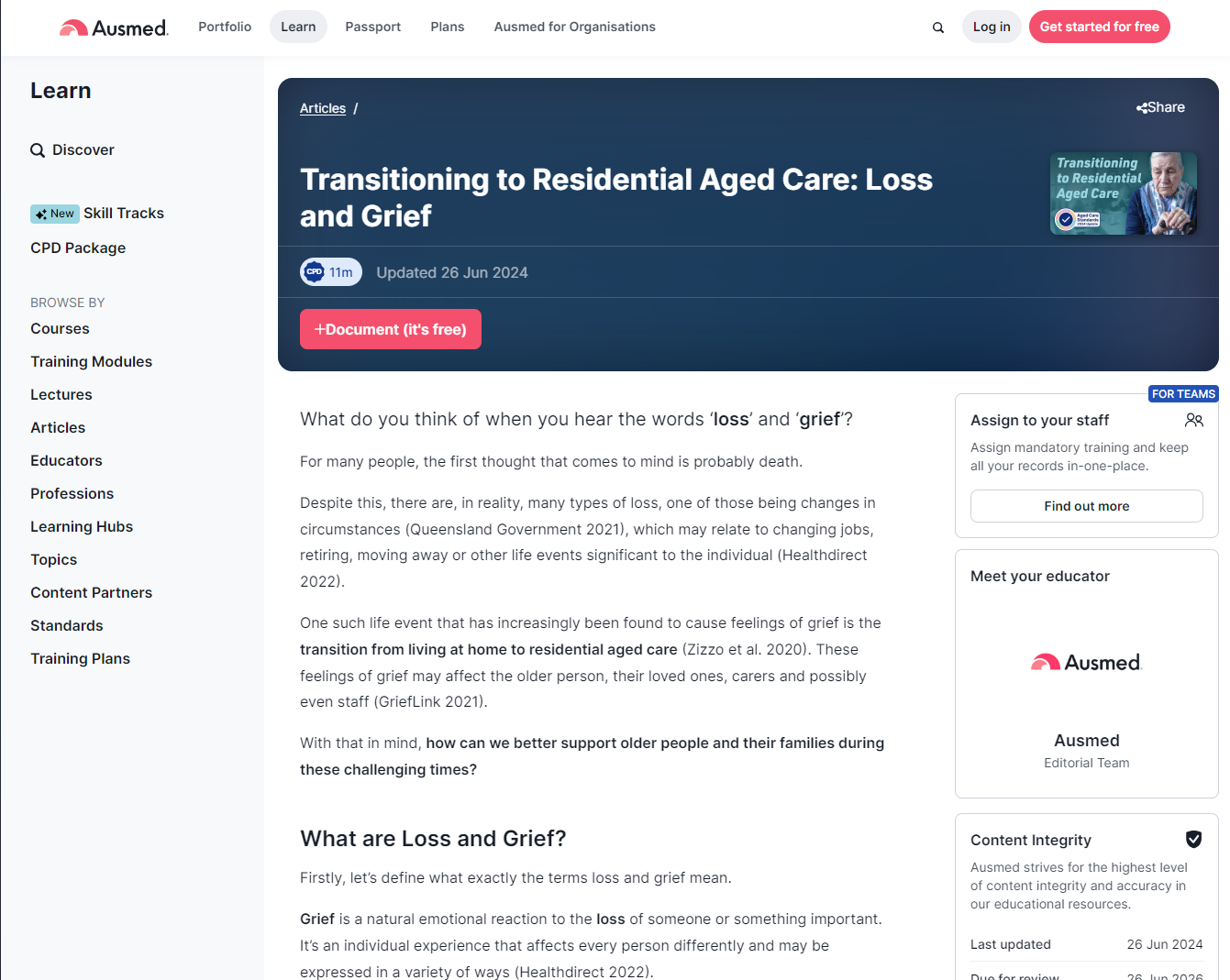 Transitioning to Residential Aged Care: Loss and Grief