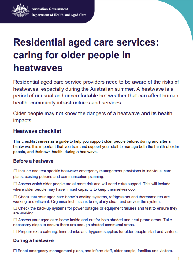 Caring for Older People in heatwaves – Residential Aged Care
