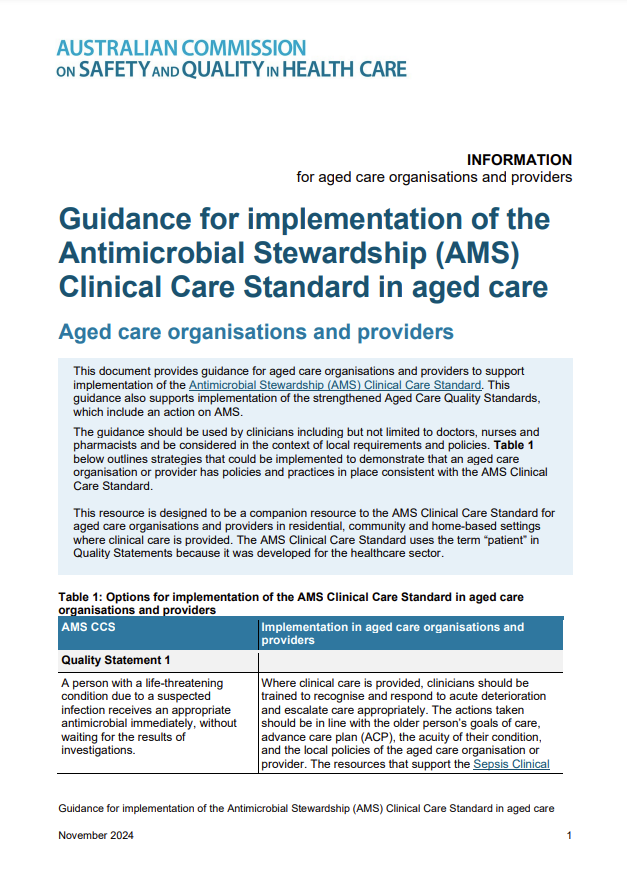 Guidance for implementation of the Antimicrobial Stewardship Clinical Care Standard in aged care