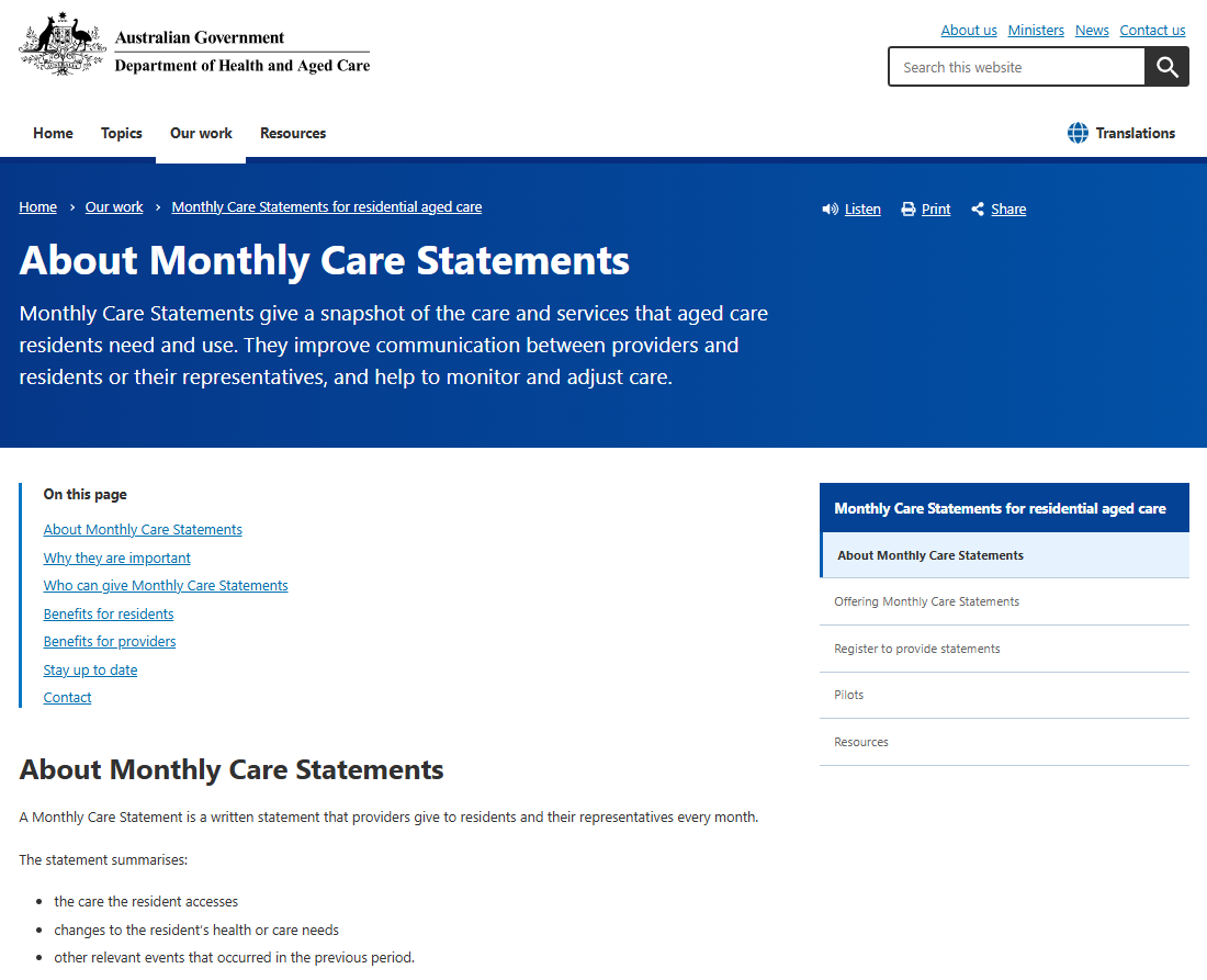 Monthly Care Statements for residential aged care