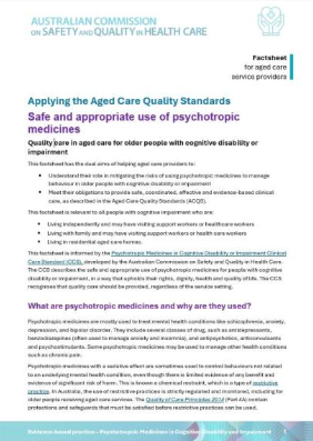 Safe and appropriate use of psychotropic medicines for aged care - Fact sheet
