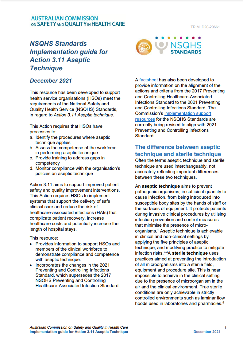 NSQHS Standards Implementation guide for Action 3.11 Aseptic Technique