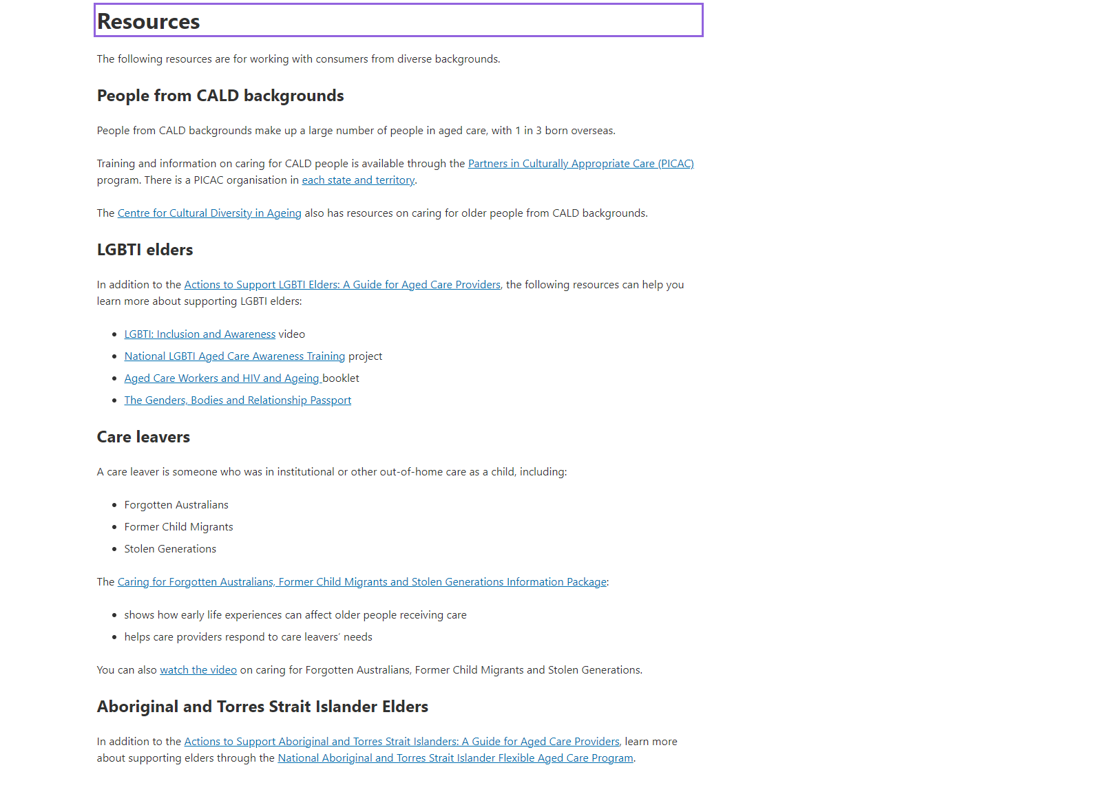 Working with diverse groups in aged care - Resources