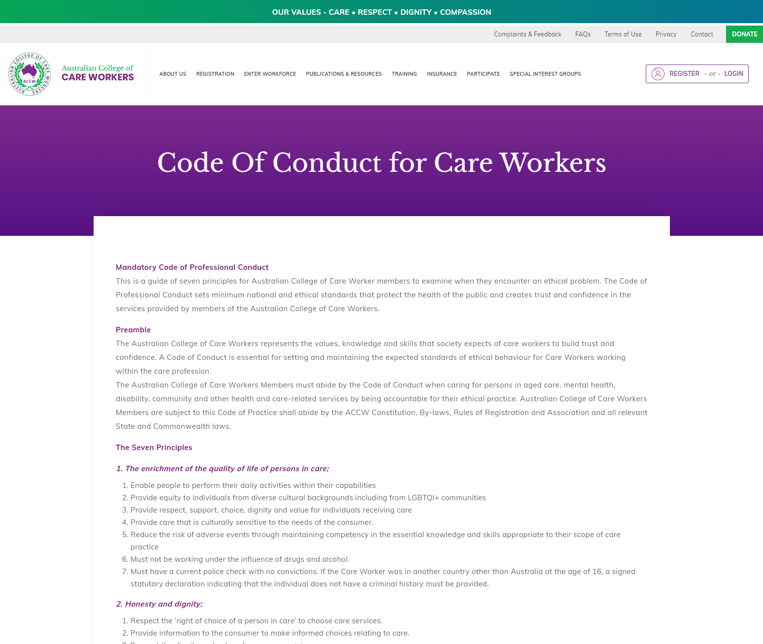 Australian College of Care Workers - Code of Conduct for Care Workers