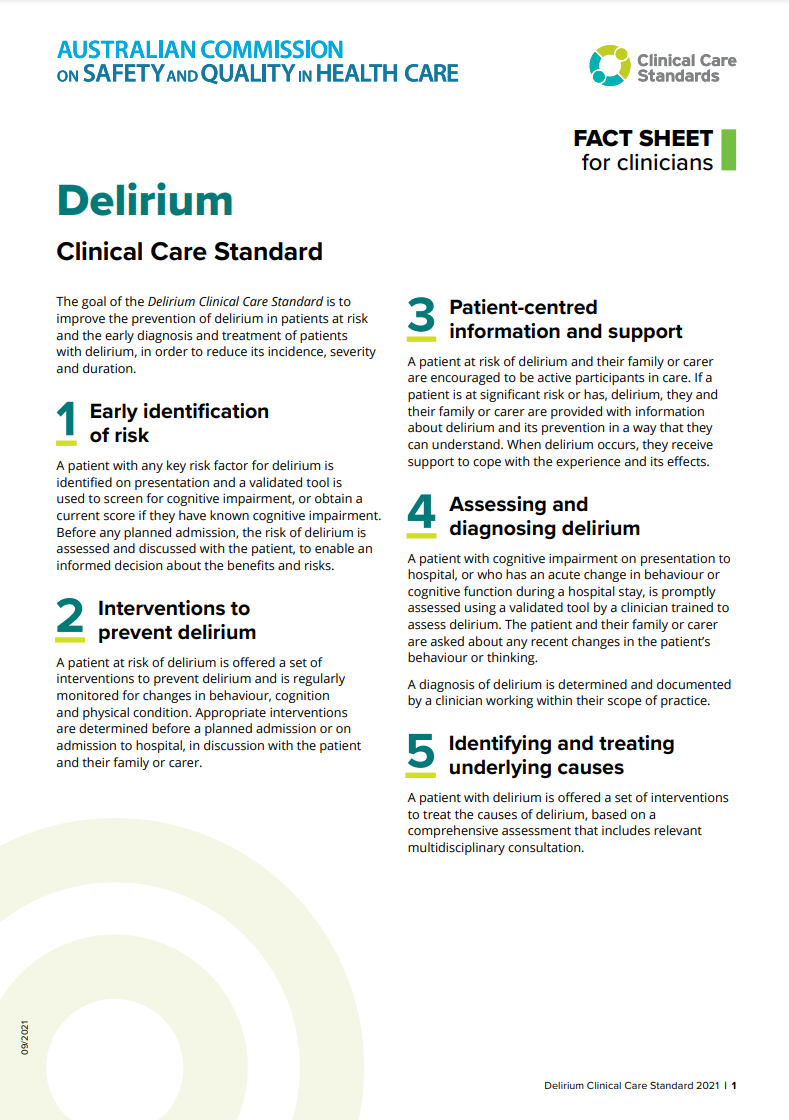 Clinician Fact Sheet - Delirium Clinical Care Standard