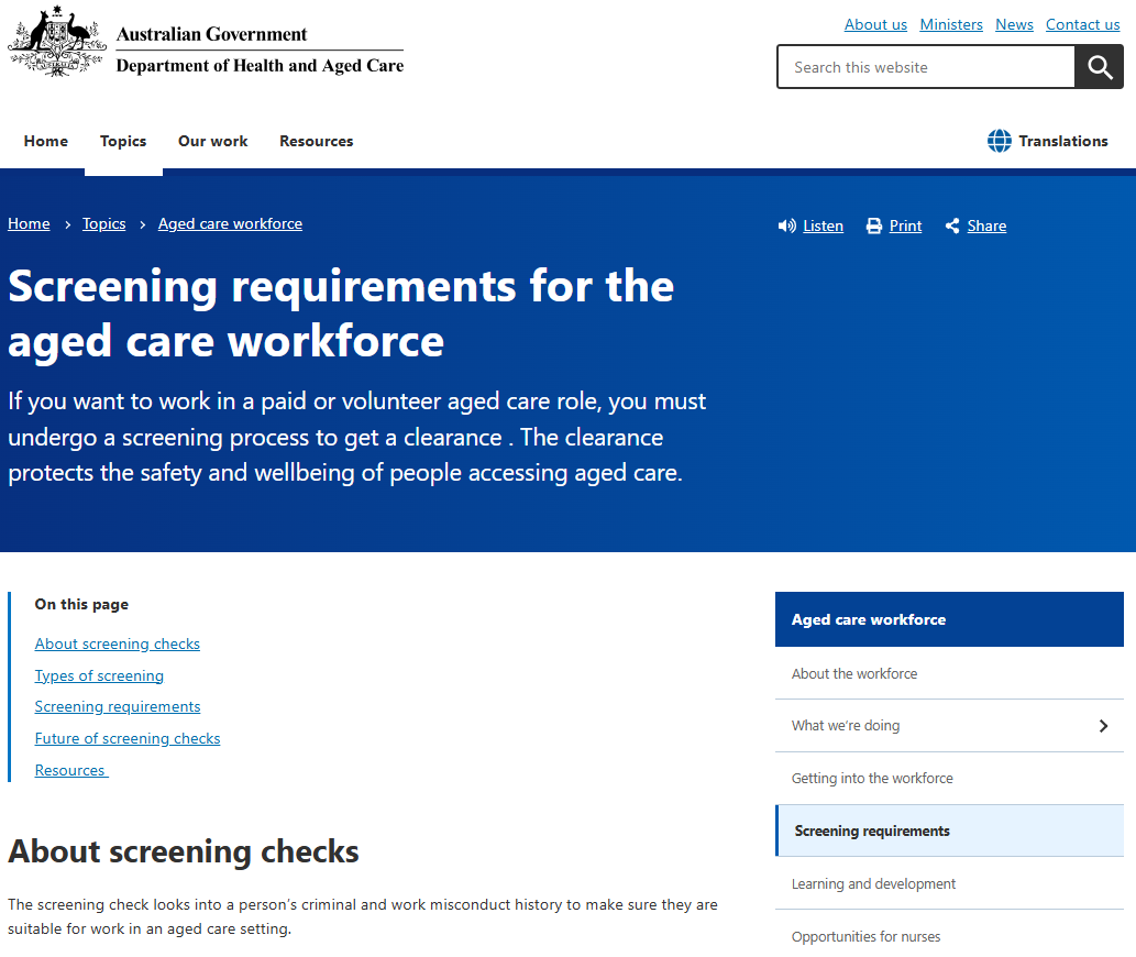 Screening requirements for the aged care workforce