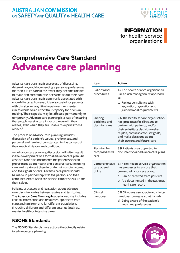 Advance care planning - Information for health service organisations
