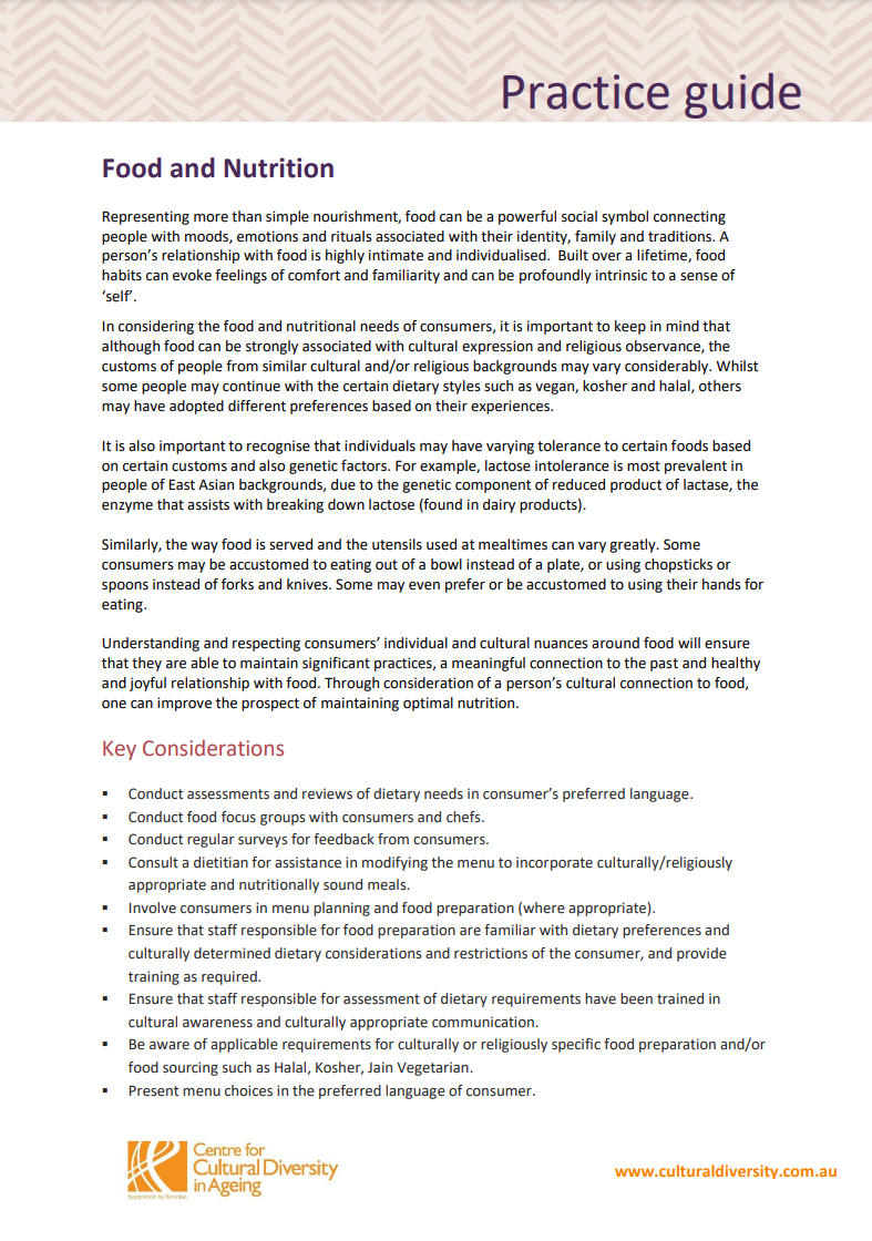 Food and nutrition - Practice guide