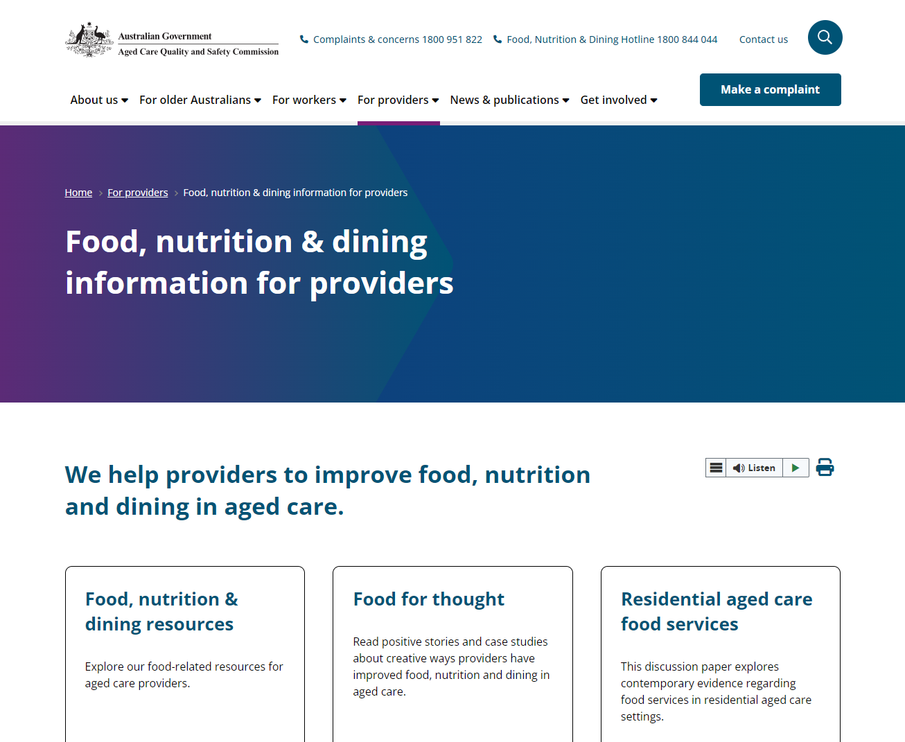 Food, nutrition & dining - information for providers