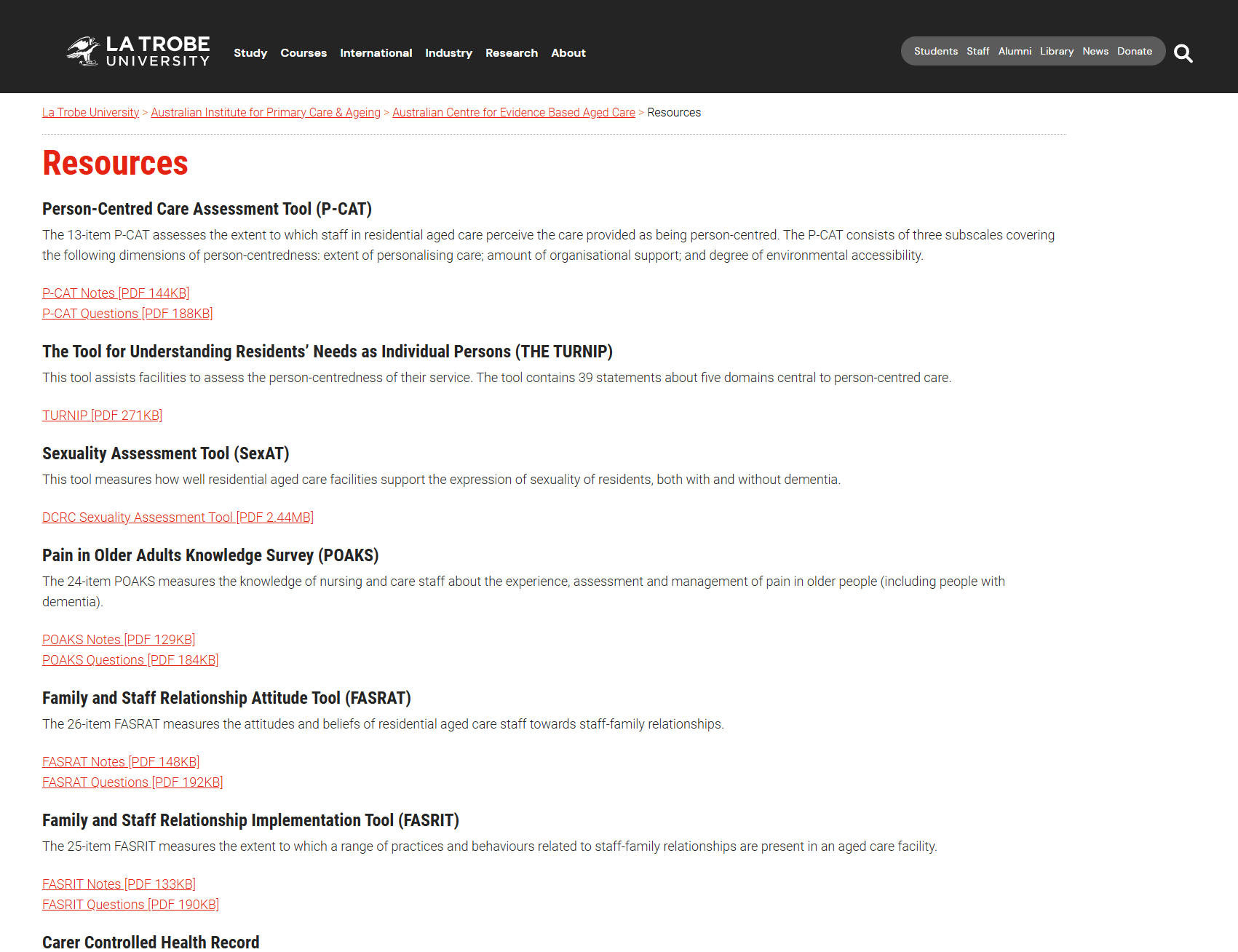 Australian Centre for Evidence Based Aged Care - Resources