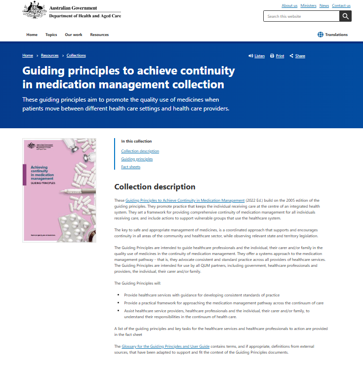 Guiding principles to achieve continuity in medication management collection