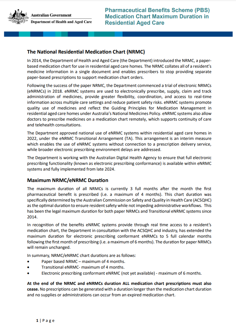 Pharmaceutical Benefits Scheme (PBS) medication chart maximum duration in residential aged care