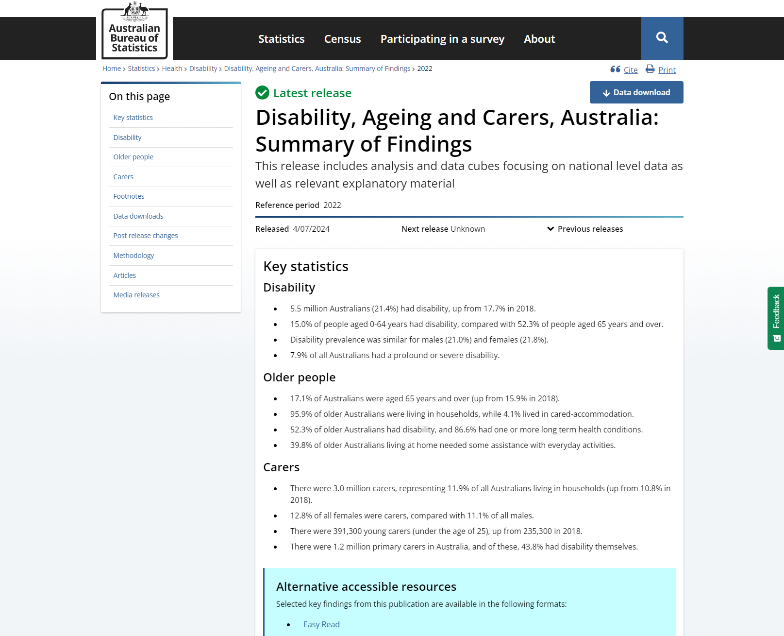 Disability, Ageing and Carers, Australia: Summary of Findings
