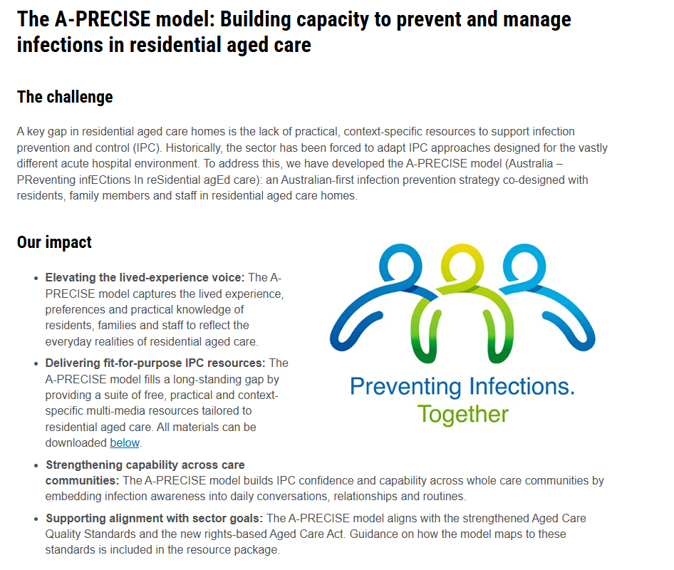 The A-PRECISE model: Building capacity to prevent and manage infections in residential aged care - thumbnail image