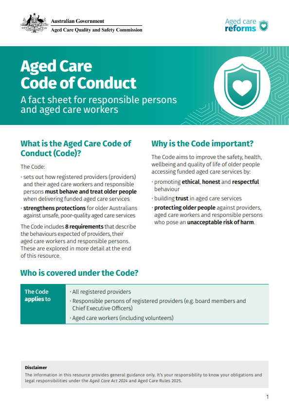 Aged Care Code of Conduct A fact sheet for responsible persons  and aged care workers thumbnail