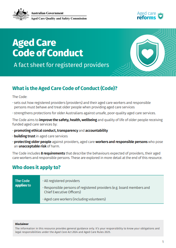 Aged Care Code of Conduct  A fact sheet for registered providers thumbnail