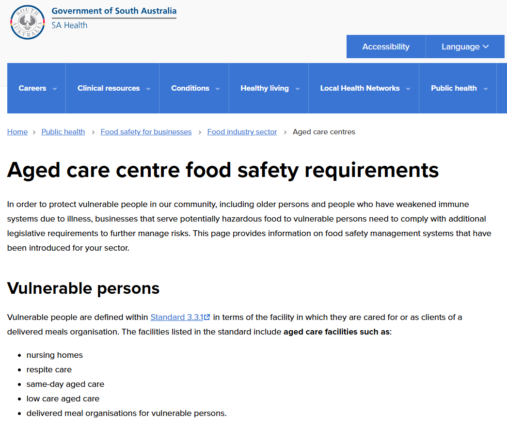 Aged care centre food safety requirements webpage thumbnail