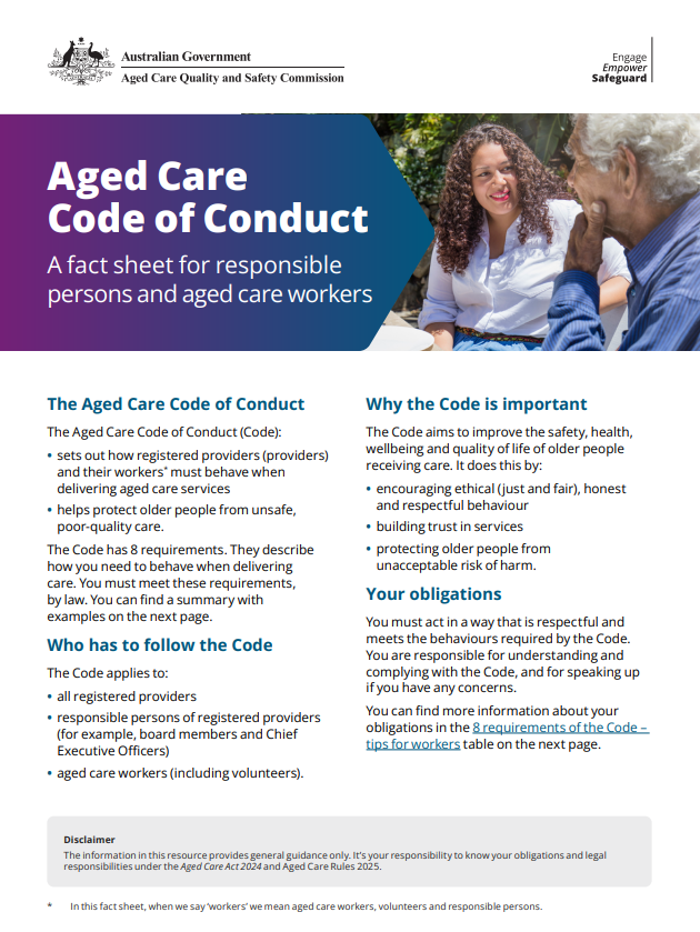 Aged Care Code of Conduct – fact sheet for responsible persons and aged care workers image thumbnail