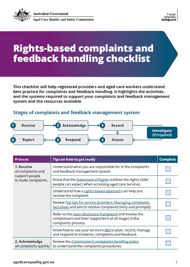 Rights-based complaints and feedback handling checklist
