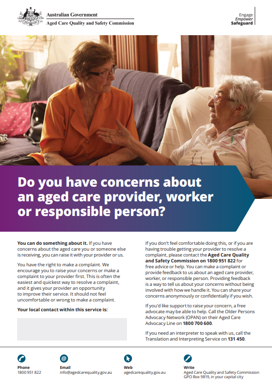 Do you have concerns about an aged care provider, worker or responsible person? Brochure thumbnail