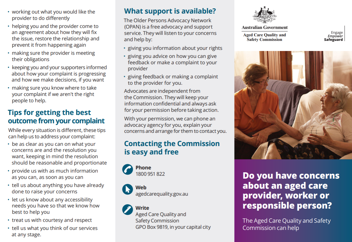 Do you have concerns about an aged care provider, worker or responsible person? Brochure thumbnail