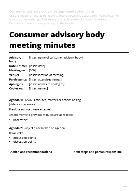 Consumer advisory body minutes template thumbnail
