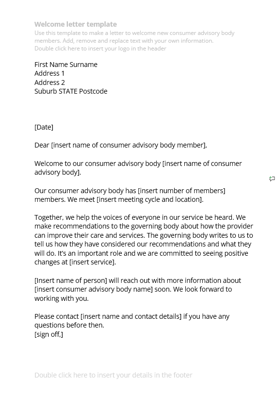 Consumer advisory body welcome letter template thumbnail