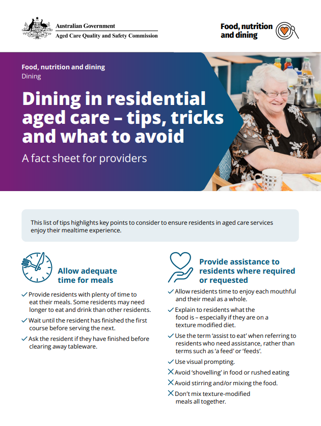 Dining in residential aged care – tips, tricks and what to avoid factsheet thumbnail